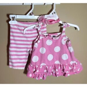 Vitamins Pink White Stripes & Polka Dot 2pc Outfit & Headband Bow 6M 4015
